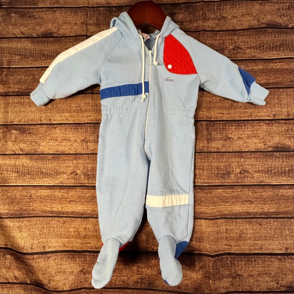 Vintage IZOD Lacoste Baby Hooded Footie Romper Blue Red 6-9 Months Hong Kong